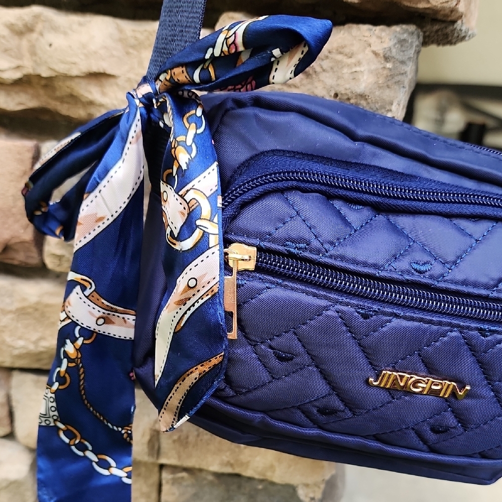 Navy Quilted Crossbody Bag with Scarf Accent - Picture 2 of 4